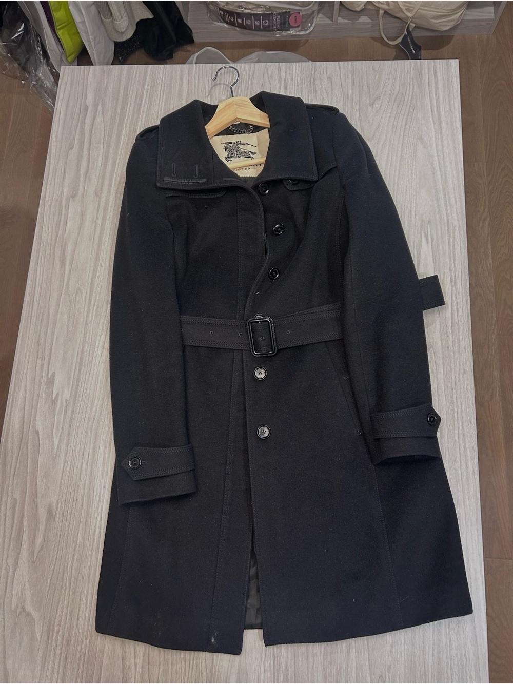 Burberry Black Women's Belted stand up collarTrench Coat wool 100% real vintage